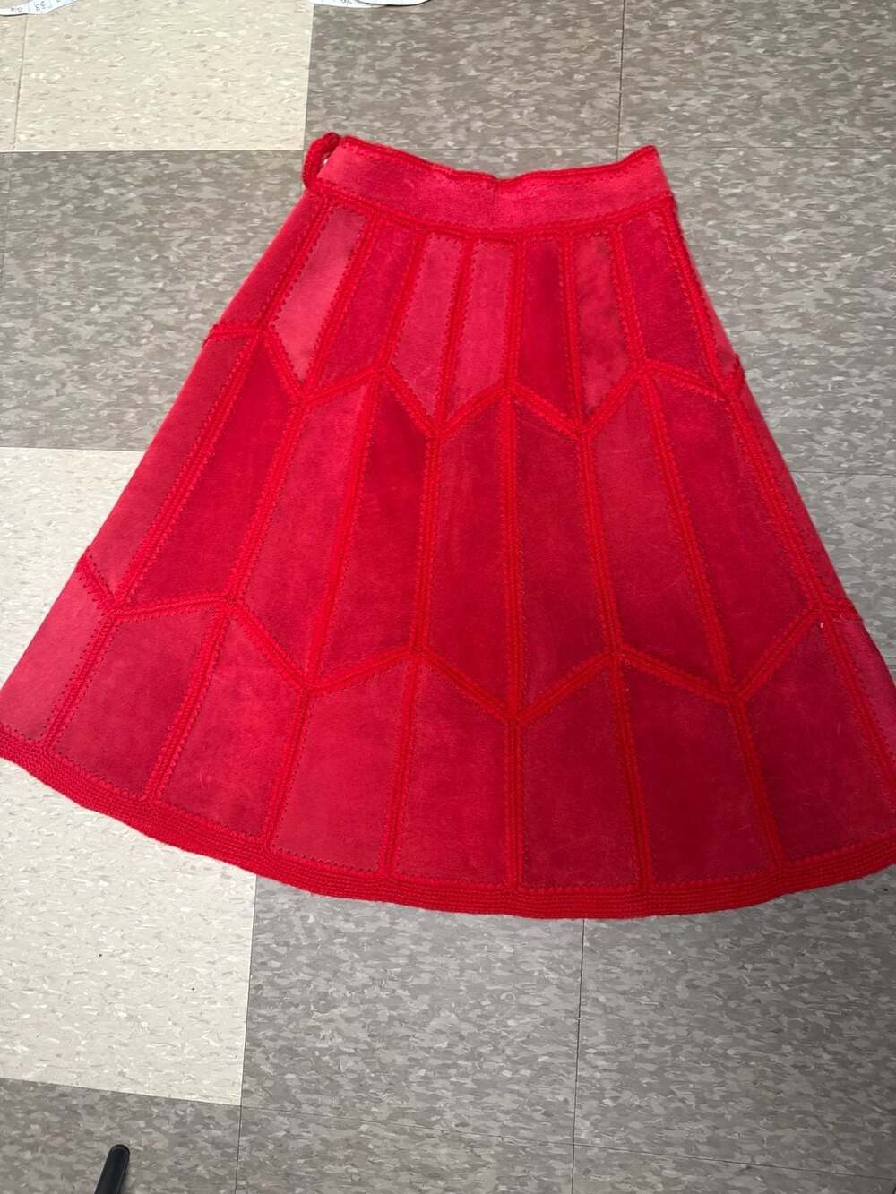 Vintage Red Suede Geometric Embroidered Midi Skirt